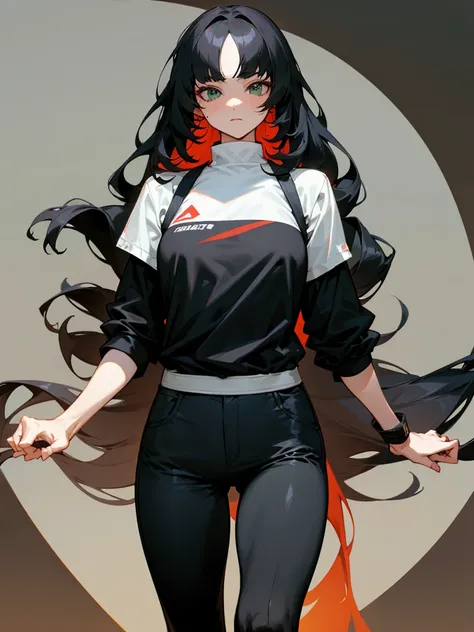 an anime woman, who mature, strong, and serous. with black and white hair, a red and green clockwork eyes. With Long Hair smooth wavy And Natural hair. It is nice and long about ankle length with black hair as like the main look but white strecks and the b...