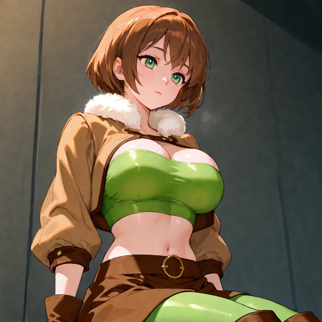 Anime cute Woman with brown short hair, with green eyes, with round chest, with soft skin, with very tight green crop top with chest covered, with brown crop top jacket with fur, with brown gloves, with brown skirt, with green leggings, with cute boots wit...