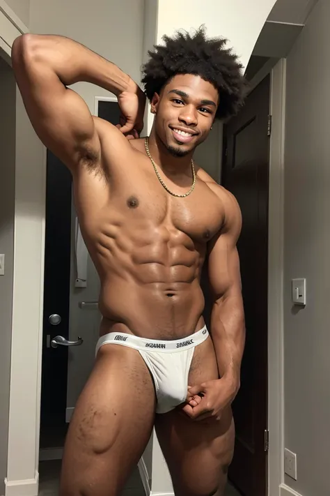 Carmello Terrell Dickey. Carmello looks like 50 Cent. Carmello is a football player. Carmello has cute Smile. Afro. He is 18 years old. Carmello is wearing sexy jockstrap thong. No pants