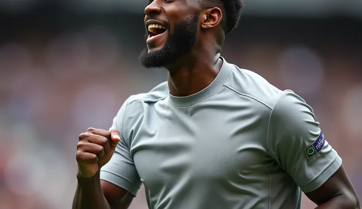 black soccer player celebrating a goal. Your shirt is light gray and smooth, without any design or mark. Show the player's left chest up close. Even closer. You don't even have to show the player's face.