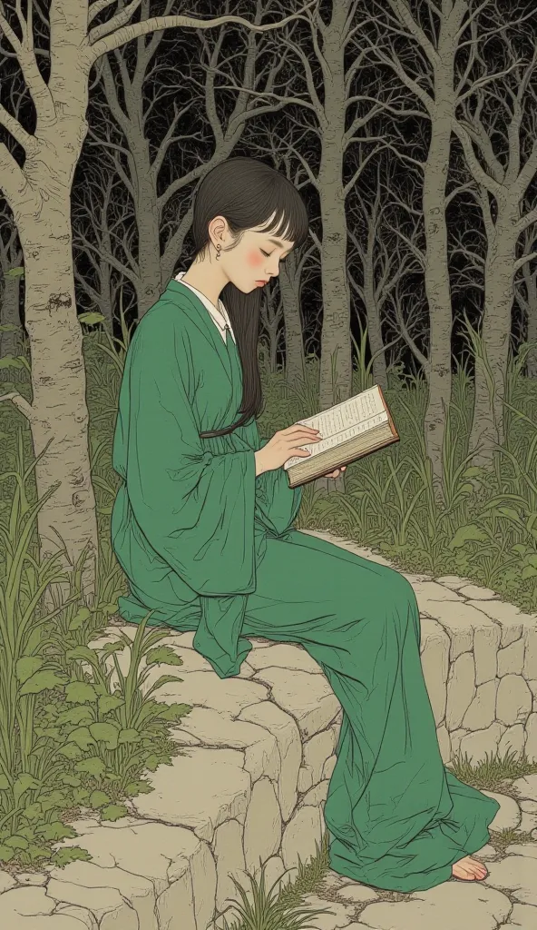 painting of a girl wearing a green dress with her eyes closed, Nara Yoshitomo, There is a picture of a boy reading a book in a, Ryusuke Fukahori, inspired There is a picture of a boy reading a book in a,  Matsui Fuyuko , shinsui ito, sui ishida, By Chiho A...