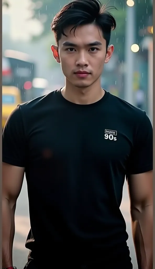 Asian man, 25 years old, wearing a dark round neck t-shirt with graphic print, "Butapuang 90s ",  action person in different poses., Shot on a high-quality 45-megapixel camera ,3D image 16 k,  on the street in Thailand ,  morning sunrise ,It&#39;s raining ...