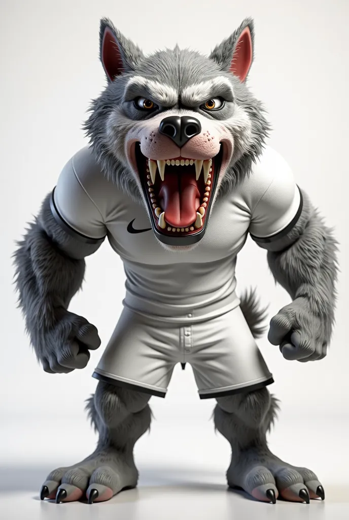 Make a dog mascot with an angry face, It's for a soccer team that has a white uniform, Make it realistic and 3D