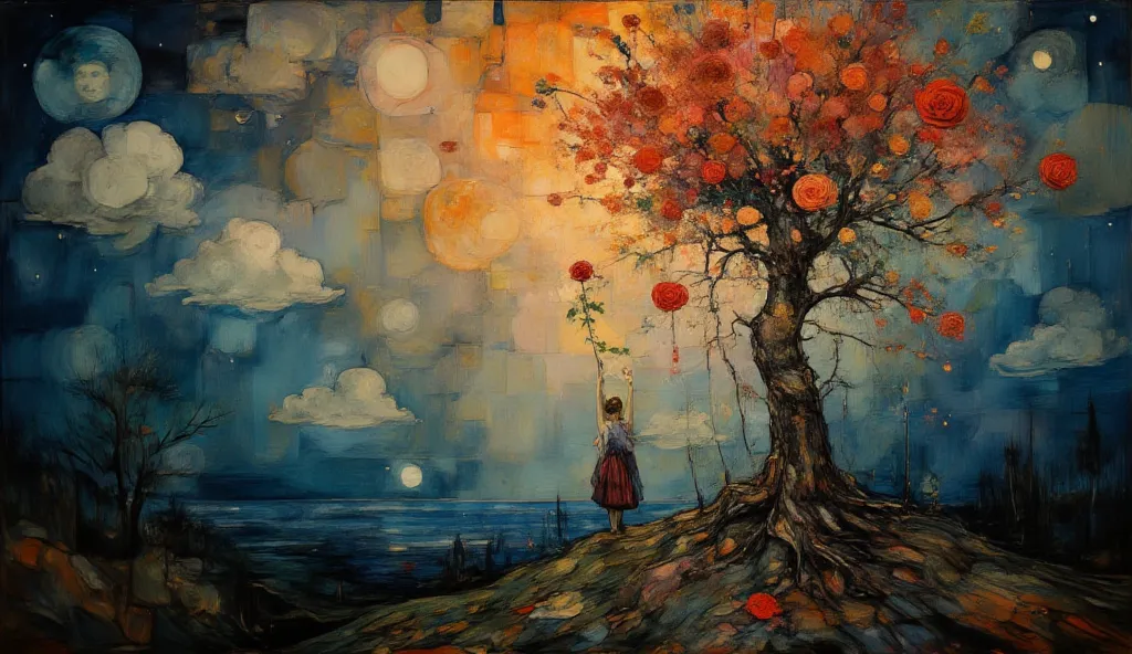 an oil painting of a mystical upside-down world where a  reaches for a single red rose on an inverted tree, its roots tangled in the clouds while its leaves brush the earth, inspired by Salvador Dalí, deep rich hues with surrealist tones, the girl's face c...