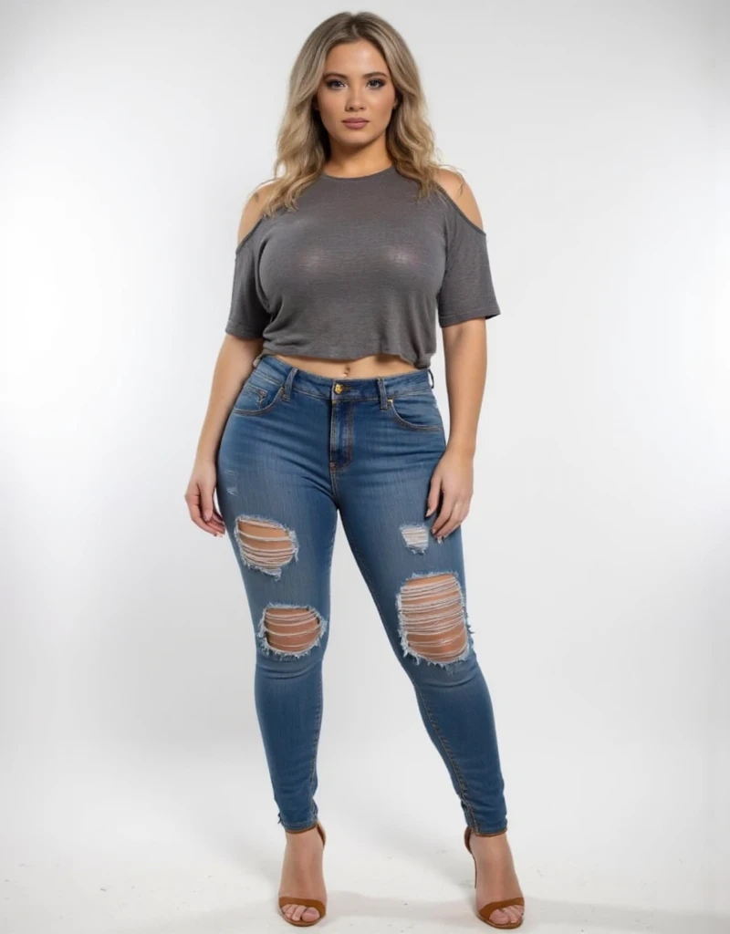 ((Full body)), front view, standing, makeup,  blonde  wavy hair, bigboobs, ((  Cut-Out Tight-Fit Jeans With Ripped Design And Pockets,  Clasi Cold Shoulder Batwing Sleeve Tee,  high heels, (((plus size curvy body, wide hips))) )), plain white background
