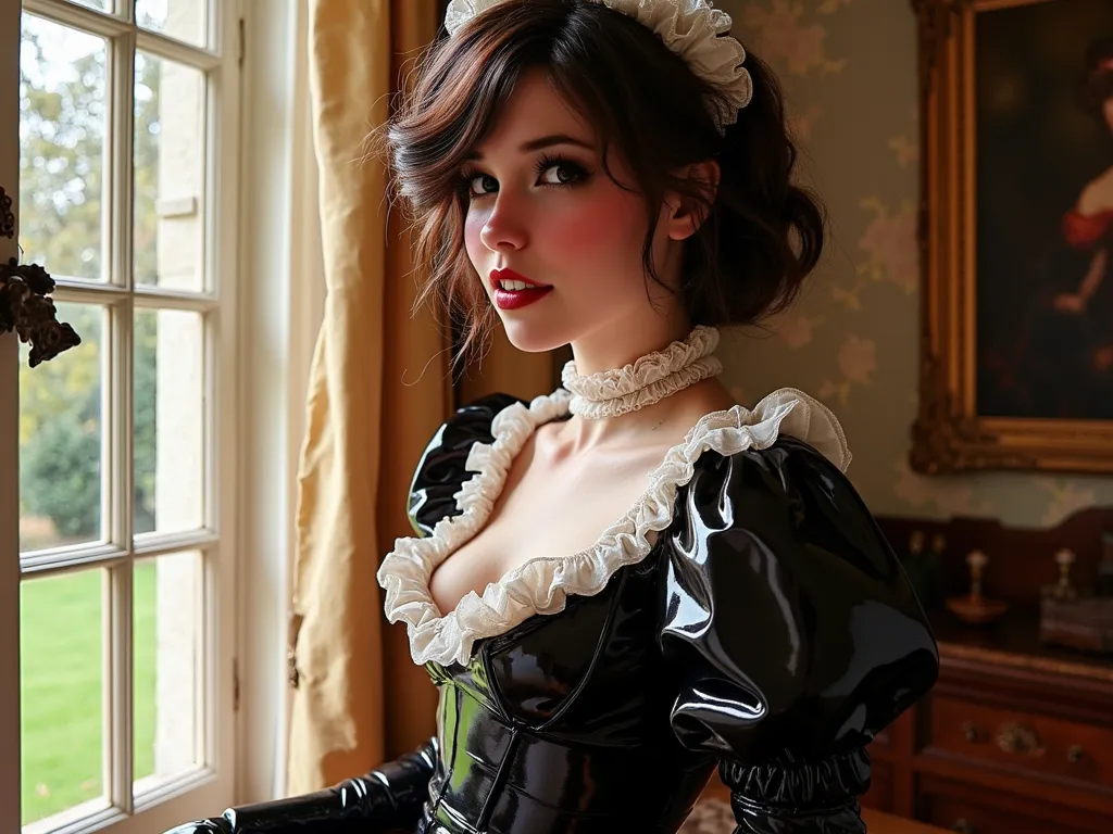 Portrait of a maid living in edwardian times, traditional dress except its made of rubber latex, traditional formal hair, tight corset, , sunlight pouring through the window next to her, latex rubber shiny clothing, red lip gloss, deep red lips, frills on ...