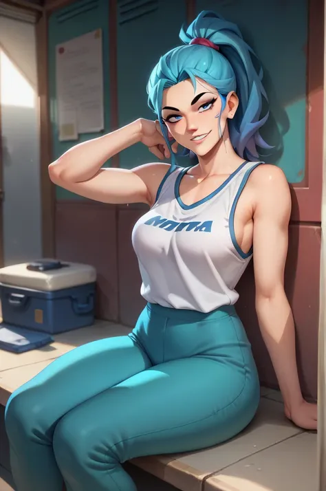 (masterpiece, the best quality:1.2), Alone , 1 girl,  smile, seductive  smile,  Seductive Eyes , looking at the spectator, ponytail, hull, short blue t-shirt ,  sleeveless, armpits, deep blue lycra pants, Sitting, Naked abdomen 