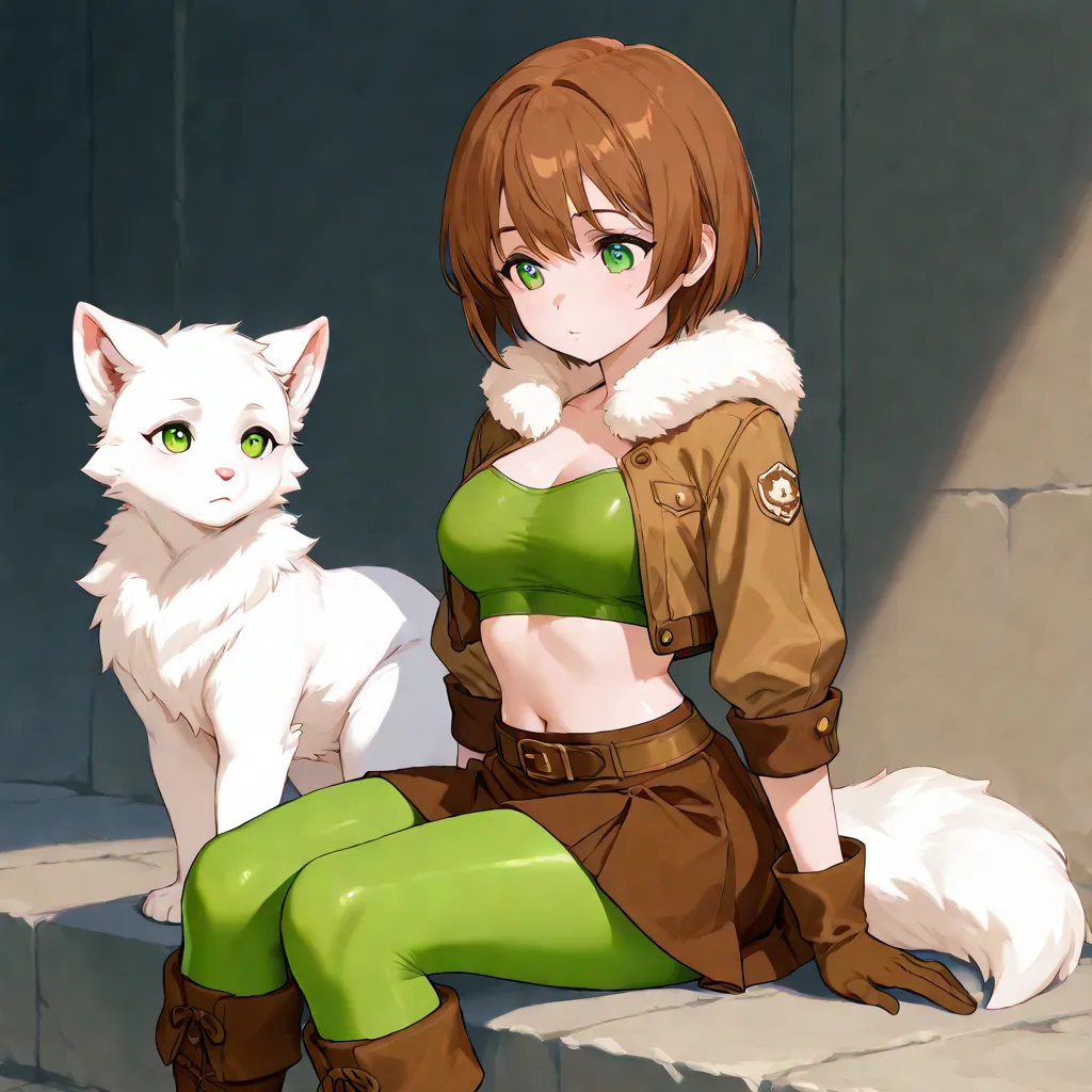 Anime cute young Woman with brown short hair, with green eyes, with round chest, with soft skin, with very tight green crop top with chest covered, with brown crop top jacket with fur, with brown gloves, with brown skirt, with green leggings, with cute boo...