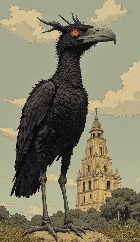 I have a picture of a large bird with a building in the background, inspired  by Matthias Adolphson , inspired Alasdair Gray, Alasdair Gray,  by Matthias Adolphson ,  Ghibli Mebius , By Tomi Angeler , Windsor Mackay inspired,  More Information, inspired by...