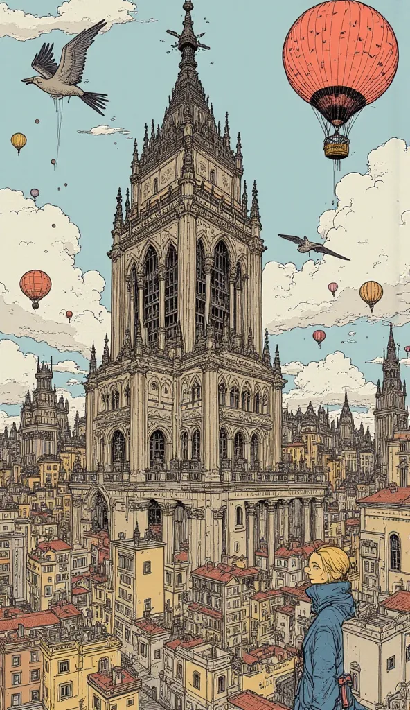 I have a picture of a large bird with a building in the background, Matthias Adolphson in a city with lots of buildings and hot air balloons, Tumblr contest winner ,  Naive Art,  Ghibli Mebius ,  More Information, surreal Roman architecture, the tower taro...