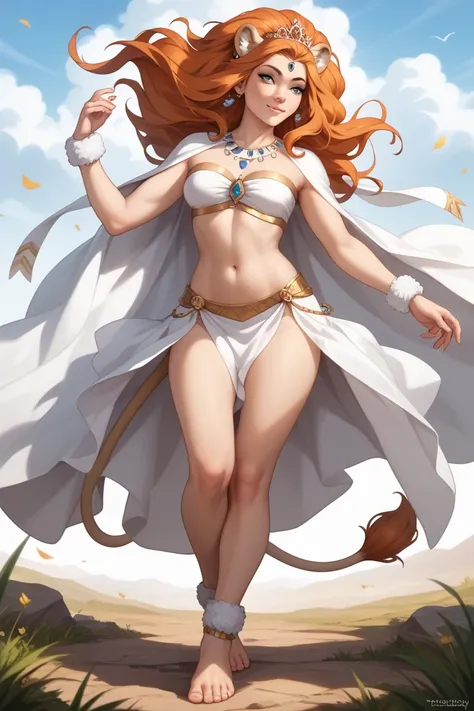 For a white lion-inspired outfit for Orihime, following the rule of showing her navel and feet:

Top:

A soft white fur bandeau, mimicking a lion’s thick mane, snugly wraps around her chest, leaving her navel exposed. The fur is slightly fluffy, adding a m...