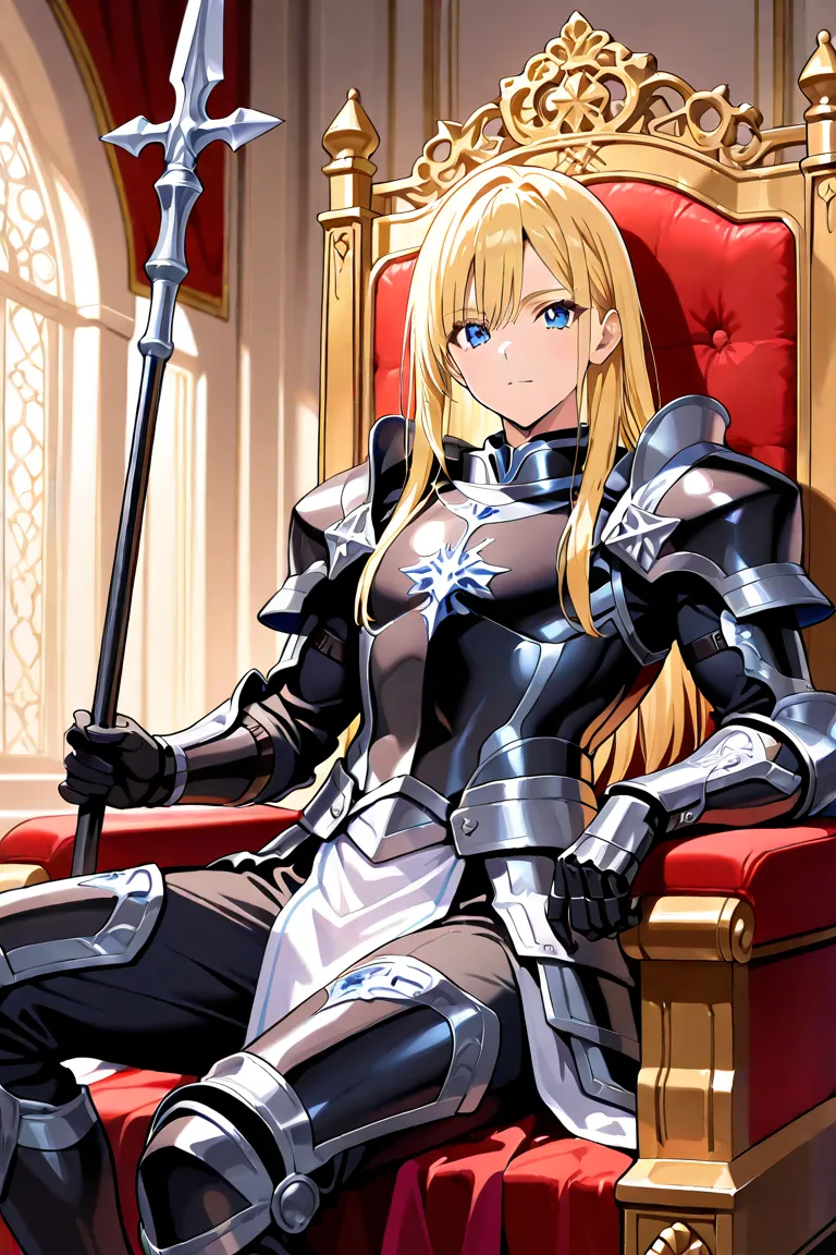 MASTERPIECE, BEST QUALITY, ULTRA DETAILED, PERFECT ANATOMY, HIGH DEFINITION, INTRICATE DETAILS, ALONE, (MALE), 1boy, toned, medium straight hair, blue eyes, blond. Outfit: black armor with white details, custom stylized armor, no helmet, silver spear, hold...