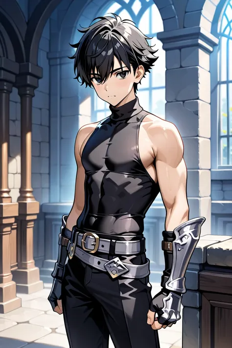 MASTERPIECE, BEST QUALITY, ULTRA DETAILED, PERFECT ANATOMY, HIGH DEFINITION, INTRICATE DETAILS, ALONE,(MALE), 1boy, medium-short hair, unruly hair, black hair, black eyes, slim, light toned, black turtleneck, sleeveless, bare shoulders, black pants, gray b...