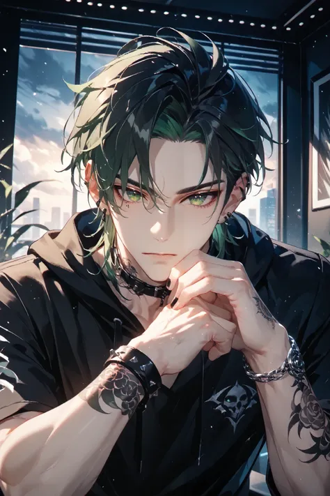 portrait, solo, 1boy, dark green eyes ((Eyes with high detail, no defects, pupils of equal size)), goth, loving gaze, pale skin, handsome, black hair+gradient green hair tips, short wolfcut, black earings, black plain hoodie, black nails, chain bracelets, ...