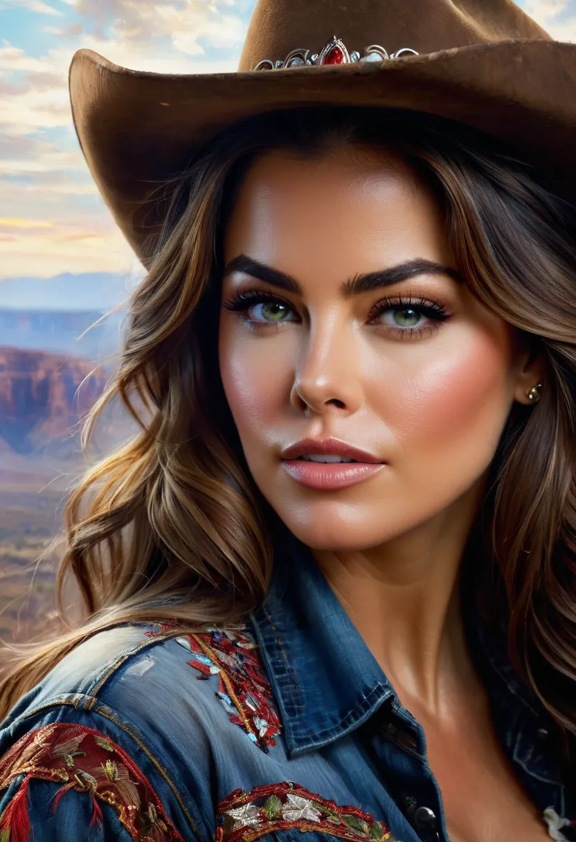 Cowgirl Sofia Vergara, beautiful eyes, epic, fantasy, complex details,   hyper-detailed , Jean Baptiste Monge, Carne Griffiths,   michael garmash  , Seb Mckinnon, masterpiece