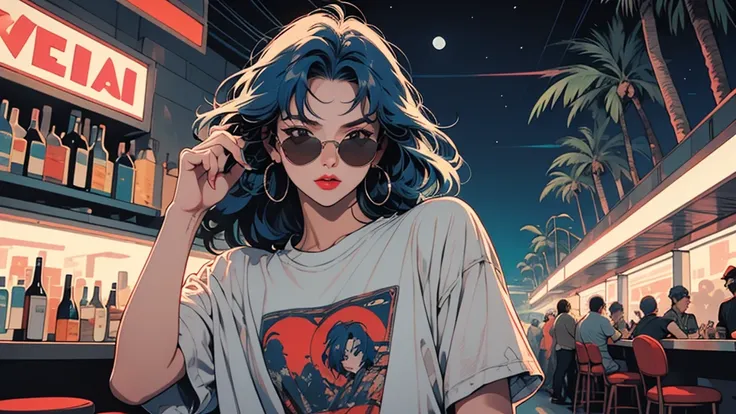 retro blue-haired girl with tattoo, Miami, ((Night bar)), palm tree, 1990s, (flat color, Flat texture,  line art :1.2), Graphic Design, (Dark Ink, Ink Black), bar、 t-shirts、sunglasses、Front 、 pose 