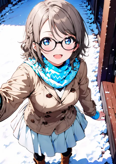 score_9, score_8_up, score_7_up, Alone, 1 girl, Watanabe, short hair,Medium breast,half updo,Glasses,smile,opens her mouth,white breath,blush, duffle coat,(sweater :1.2),( turtleneck:1.2),blue scarf , white long skirt,shoes, snow boots ,snow,morning,s...