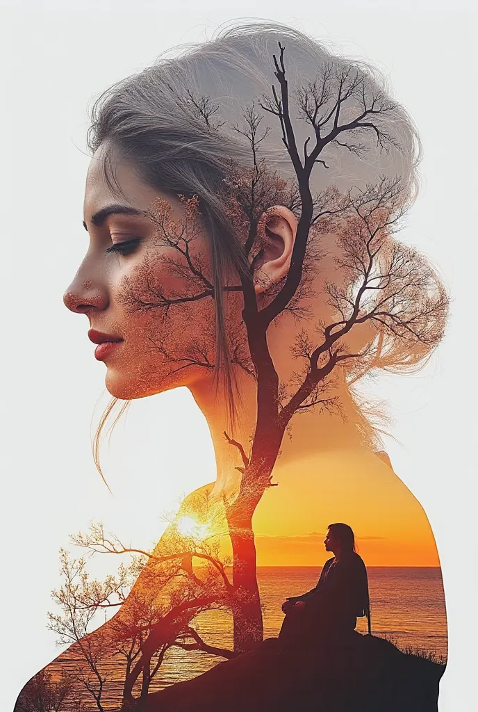 high quality, 8K Ultra HD, A beautiful double exposure that combines an goddess silhouette with sunset coast, sunset coast should serve as the underlying backdrop, with its details incorporated into the goddess , crisp lines, The background is monochrome, ...