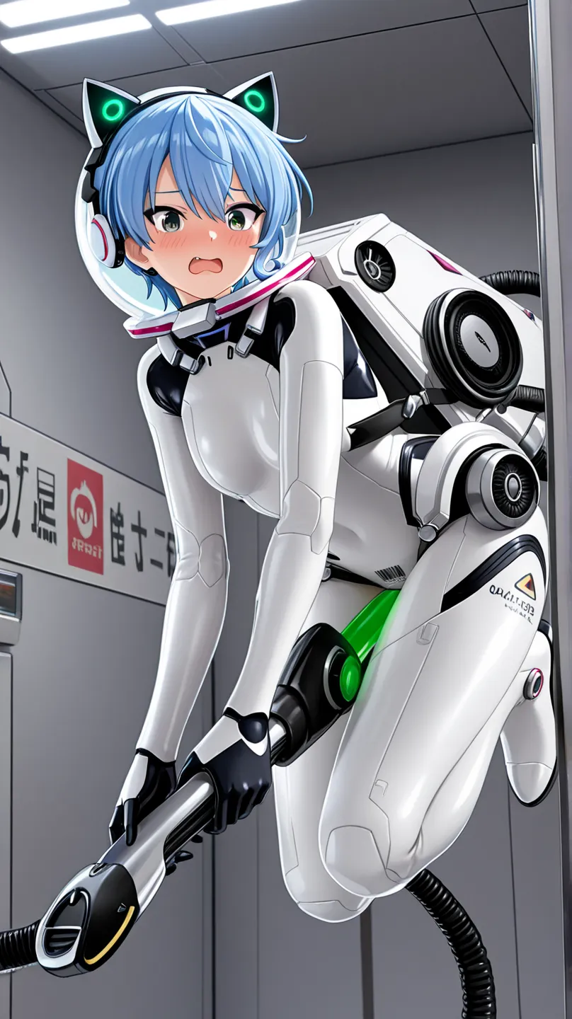 1girl,light blue hair,short hair,green eyes,solo,she in white sleek bodysuit with black joint and gray joint accents,floating midair in zero gravity,from front view, looking at the viewer with a flustered expression,open mouth,wide eyes,wearing cat-ear hea...