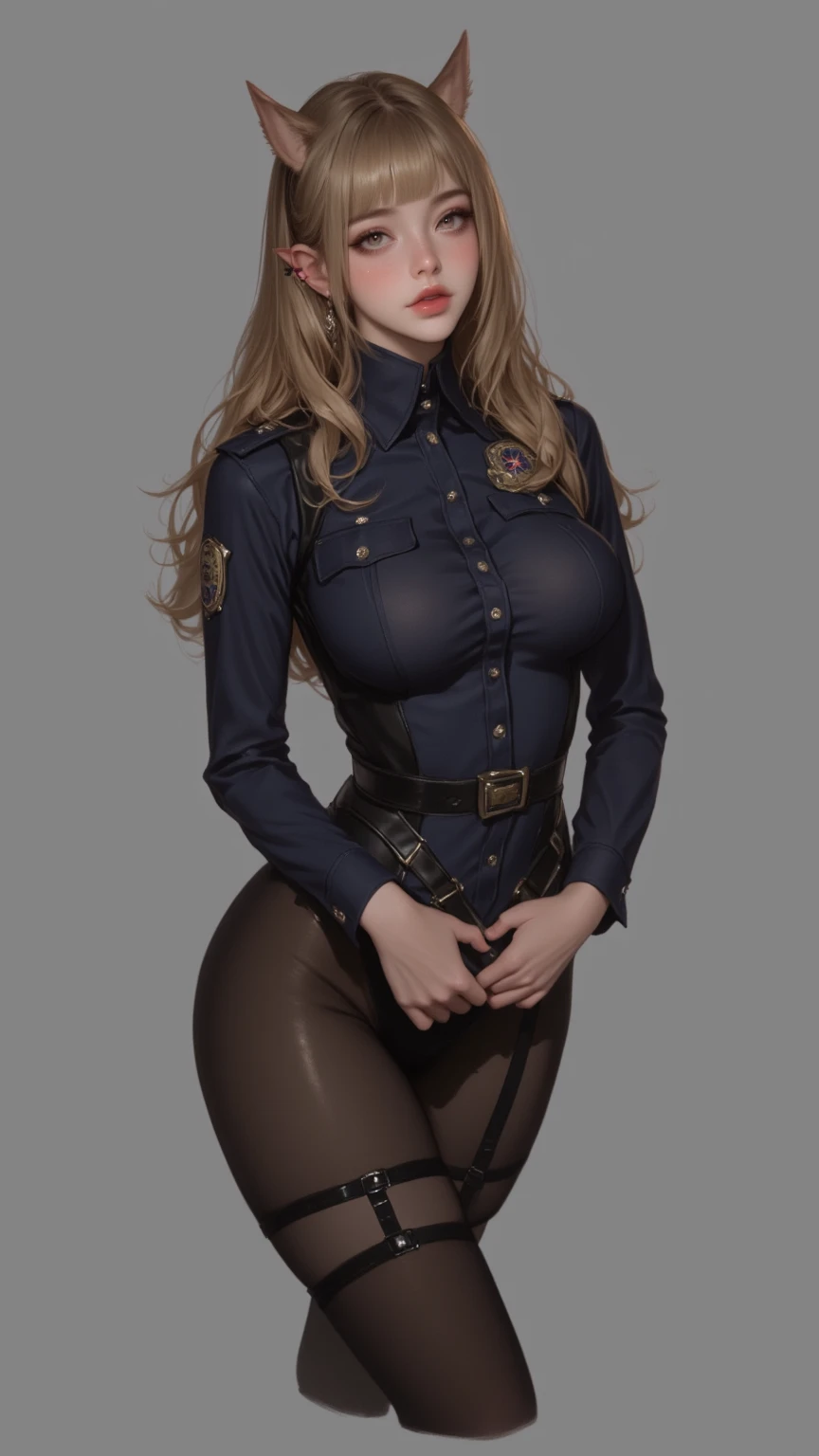 A lonely female character in gyaru style，She looks from a panoramic lens above。She is wearing a police uniform，has Druid style features，skin white Shiny marble。Beautiful body curves， Golden Brown Hair ，Yellow eyes with star-shaped pupils。She has elf ears、L...