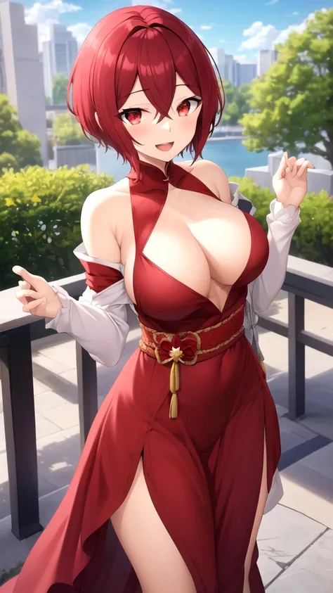 masterpiece, best quality, high quality, girl, solo, looking at viewer, kakeru_sengoku, red eyes, red hair, hair between eyes, short hair, large breasts, Honkai Star Rail cosplay, princess Dress, standing, smile, open mouth, outdoors 