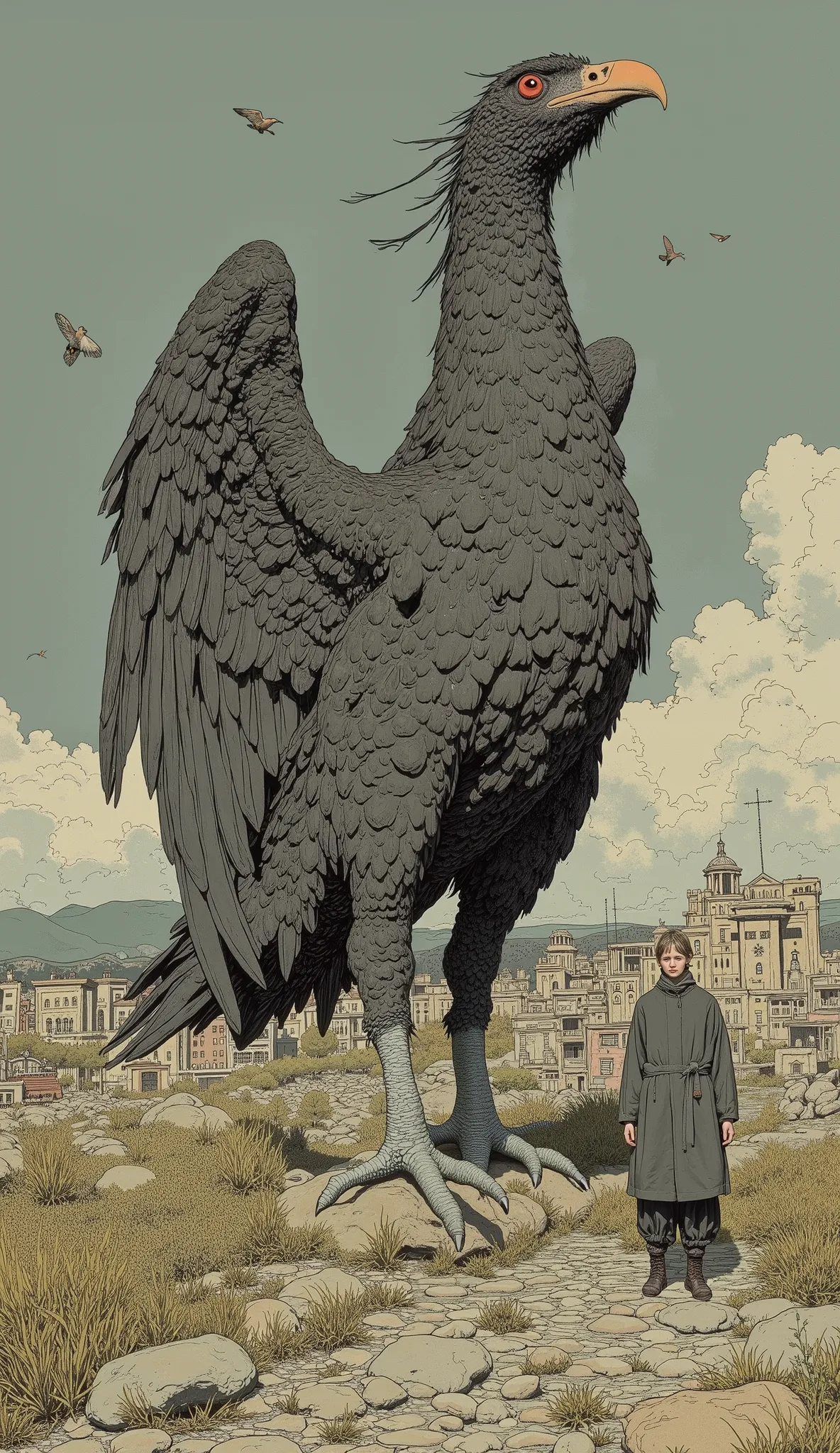 I have a picture of a large bird with a building in the background, inspired  by Matthias Adolphson , inspired Alasdair Gray, Alasdair Gray,  by Matthias Adolphson ,  Ghibli Mebius , By Tomi Angeler , Windsor Mackay inspired,  More Information, inspired by...