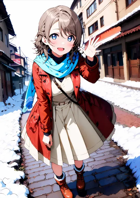  score_9,  score_8_up,  score_7_up, Alone, 1 girl, Watanabe,  short hair,Medium breast,half updo,Glasses,smile,opens her mouth,white breath,blush, duffle coat,(sweater  :1.2),( turtleneck:1.2),blue scarf , white long skirt,shoes, snow boots ,snow,morning,s...