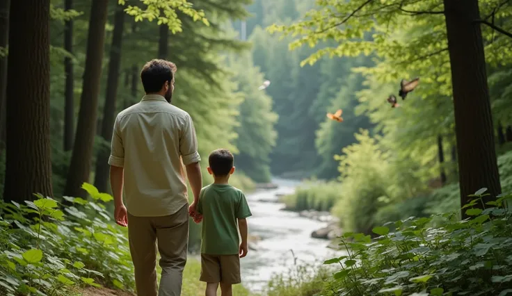 A bearded man around 35 years old, wearing a beige rolled-up sleeve shirt and khaki pants, walks through a dense forest with his  son. The  has short black hair and wears a green t-shirt with brown shorts. They admire the nature around them, with towering ...