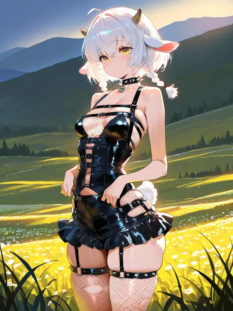 (masterpiece, best quality, amazing quality, very aesthetic, cinematic lighting:1.4,incredibly_absurdres), hill, meadow, lamb girl, \(solo, small breasts, short hair, White hair, double braids, yellow eyes, Black corset top, Ripped fishnet stockings, Leath...