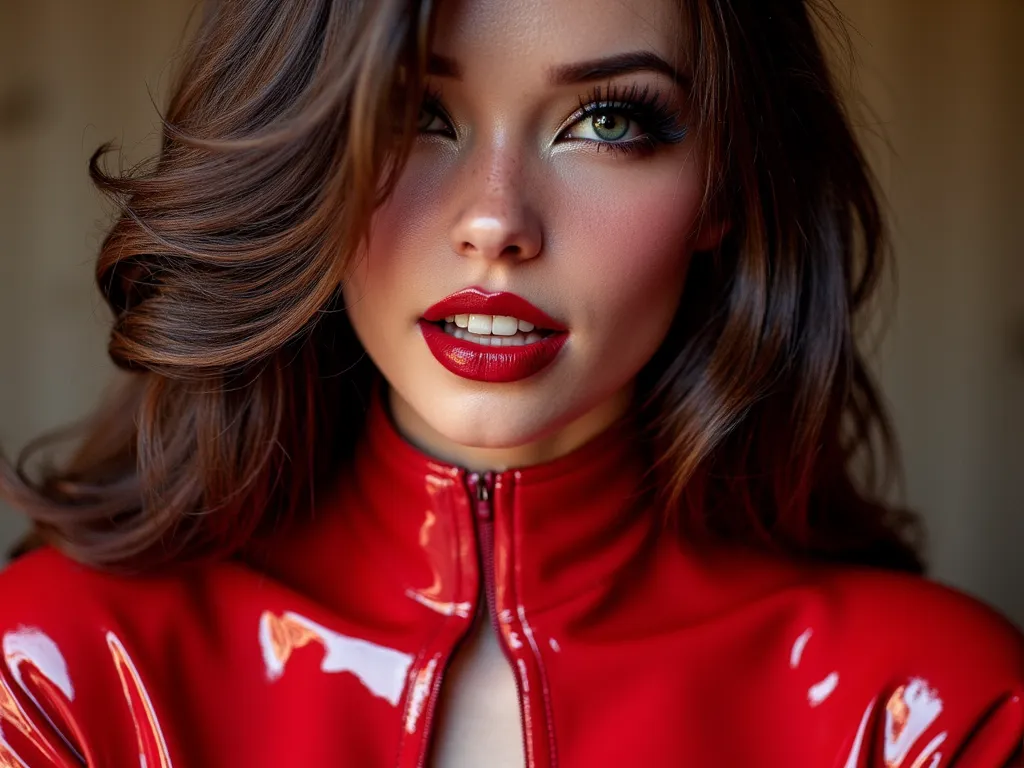 latex rubber shiny clothing, red lip gloss, deep red lips,shiny red lips, skimpy slutty revealing outfit