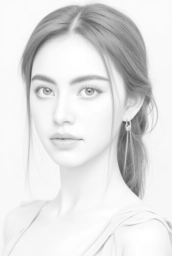 Pencil line drawing, frontal view, (waist up), (pale skin woman), (smooth baby face), (long flowing hair), subtle light makeup, elegant pose, intricate details in hair and facial features, soft linework, natural expression, clean and crisp lines, artful sh...