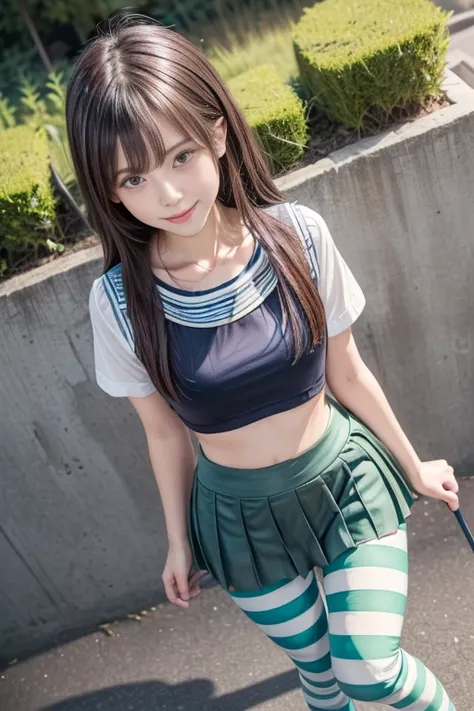  2 girls,    (white blouse)、(Pleated White Micro Mini Skirt Uniform),bangs,smile, (  thighs) , Video Viewer, (  low angle:1.2),( horizontal striped colored leggings under the skirt :1.3), ((Rubber Green Horizontal Striped Leggings)),(short knee-length legg...