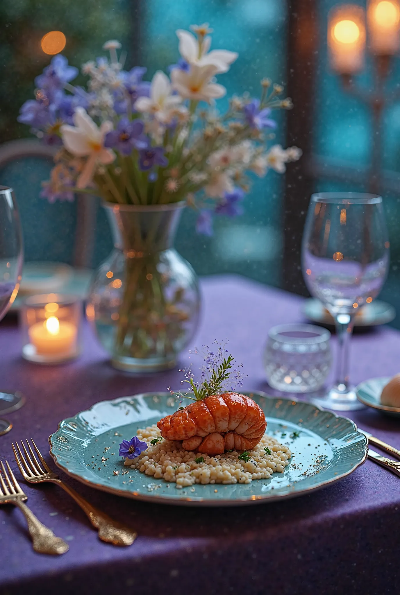 An ultra-realistic 4K cinematic close-up of a beautifully set dining table inside a luxurious, ocean-inspired restaurant inspired by Ariel, The Little Mermaid. The table is adorned with a deep purple silk tablecloth, its fabric shimmering subtly under the ...