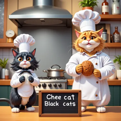 noon, 1 fluffy black cat , black cats walk on two legs ,Black cats are cute , black cat is wearing a cook hat ,Table in the background,realistic, black cats are plump ,The black cat is wearing an apron,Eyes are ochre ,The black cat smiles