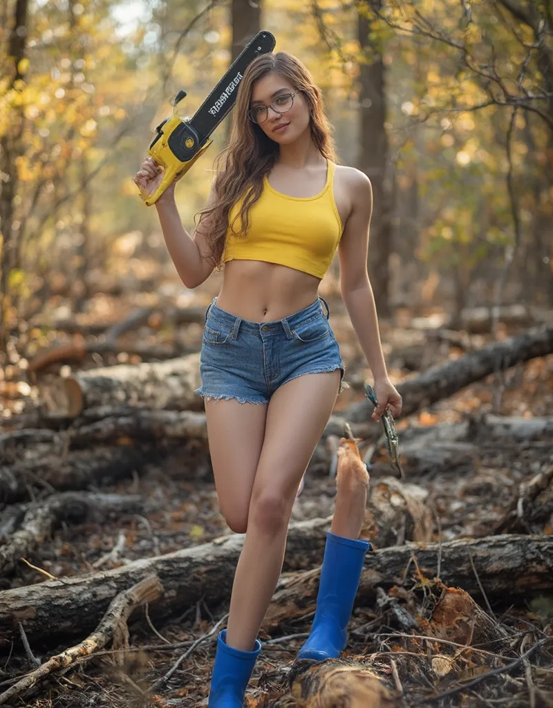  A professional photograph of a confident young woman posing in an outdoor forest setting. She has a fit and toned body, long wavy brown hair cascading over her shoulders, fair skin, and wears stylish glasses with a subtle frame. She is dressed in a snug y...