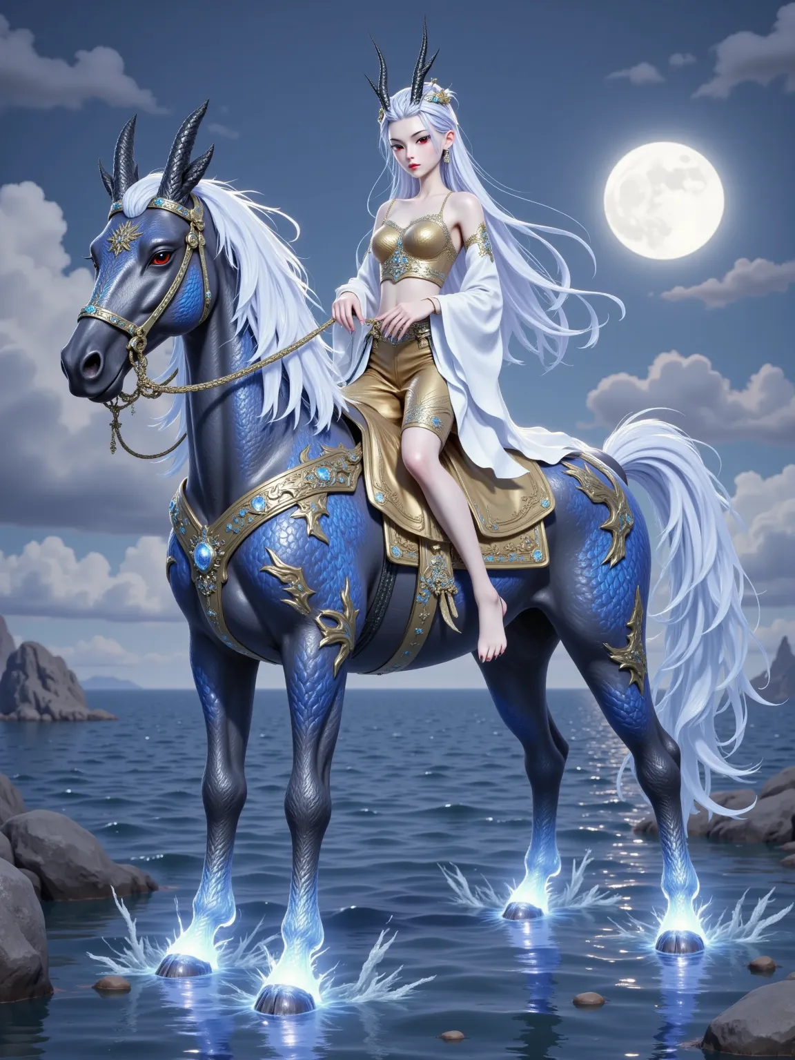 Aorun, In a streamlined composition, a Ming-era maiden stands astride a minimalist biomechanical steed, her combat boots visible through the slit of a gold-woven horse-face skirt, firmly locked into glowing magnetic stirrups. The side-tracking shot reveals...