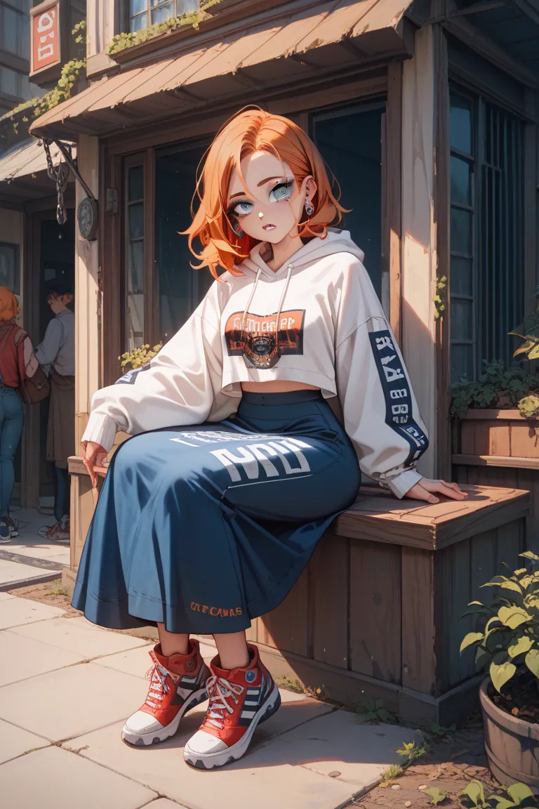 dark cellar
Orange hair　Bouncing Boyish Shorthair　Anime picture girl 　 long eyelashes 　big round eyes　Bright blue eyes　crimson eyeshadow　Tight earring　 chains　crying　 is frightened　white long-sleeved hoodie with English letters printed on it　black street l...