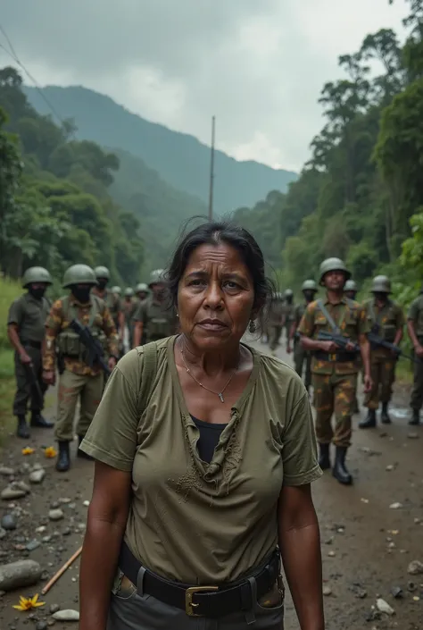  Main Scene : A peasant or civilian (it can be a man,  Woman or  ) standing in the center of the image with an expression of fear and despair. Wears simple, worn clothes, the vulnerable population of Chocó.
	• On the sides:
	• On the left, a group of ELN g...