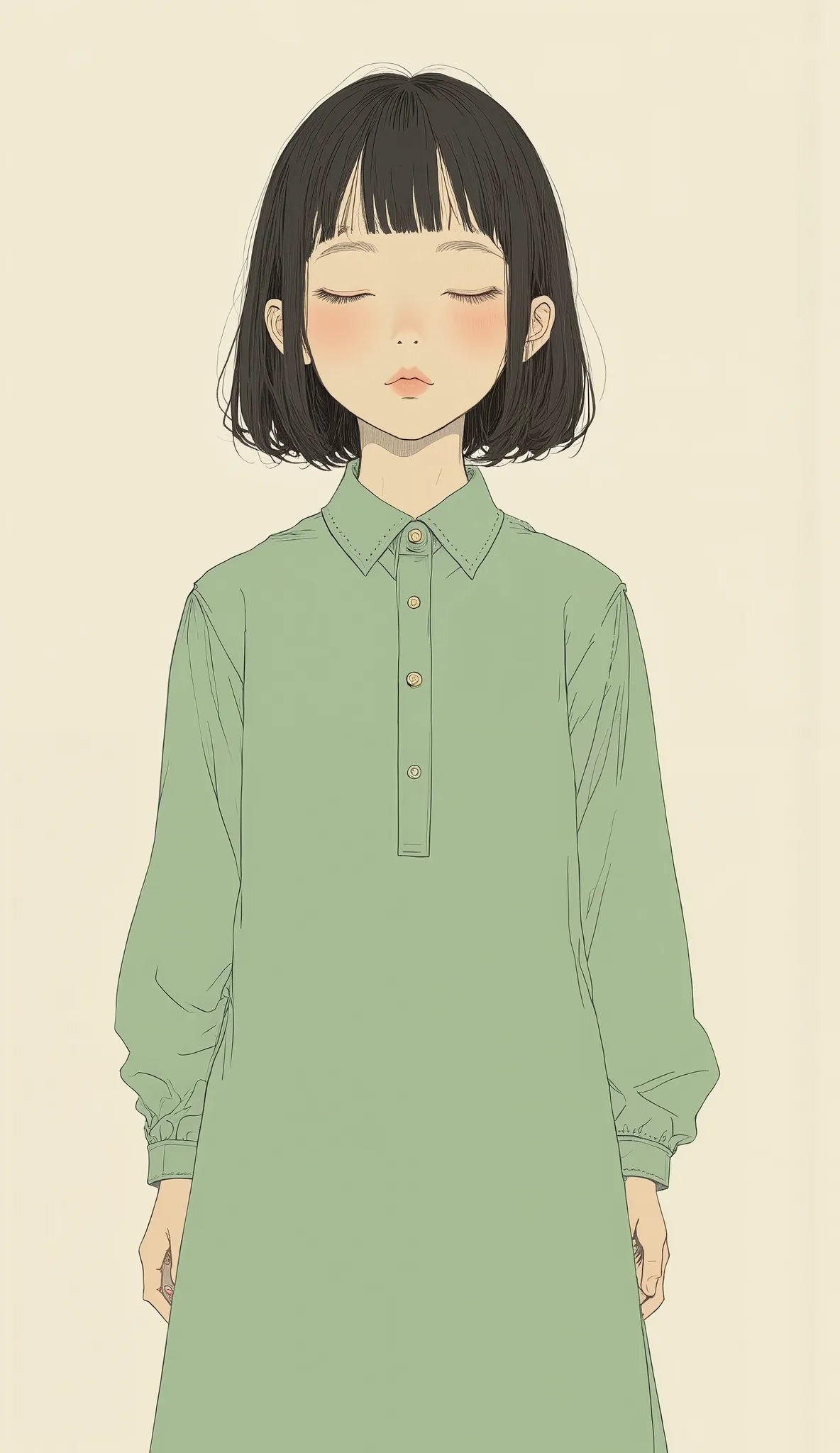 teeth、depicts a girl wearing a green dress with her eyes closed, Minimalistic painting by Yoshitomo Nara, Tumbler, それteeth何ですか？, Nara Yoshitomo, shinsui ito, sui ishida, kaoru mori,  Yaoi Kasuma , Kurumada Masami, Rinko Kawaichi, Akiko Takase, Naoya Tanaka