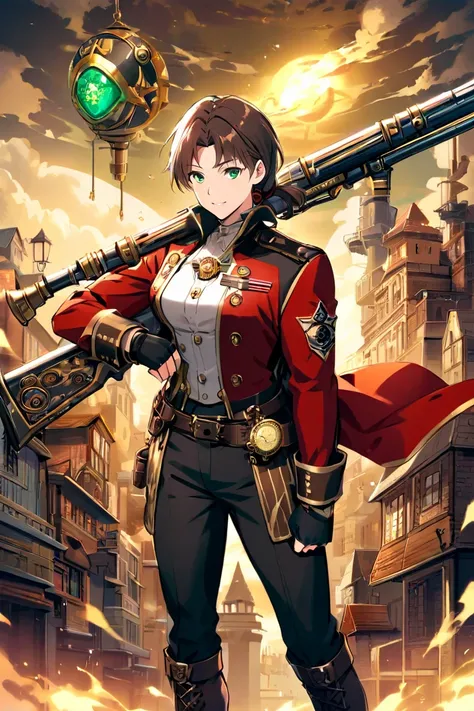 A tall, muscular woman, of radiant brown skin, , intense emerald green eyes and long, wavy dark brown hair tied in a low ponytail. He wears a steampunk military uniform with a red jacket and gold details, a long red trench coat with gold lining,  a tight w...