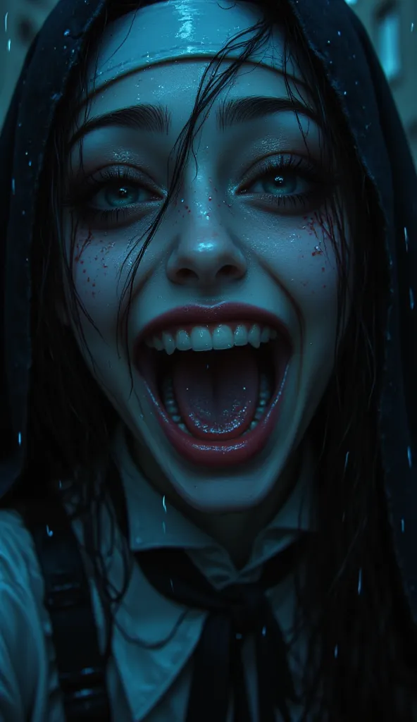 A close-up shot of a psychotic, grinning yandere nun, her face partially obscured by dark, wet strands of hair. Her pale skin contrasts sharply with the shadows, and her eyes glisten with a disturbing, unhinged gleam. The rain drips down her face, enhancin...