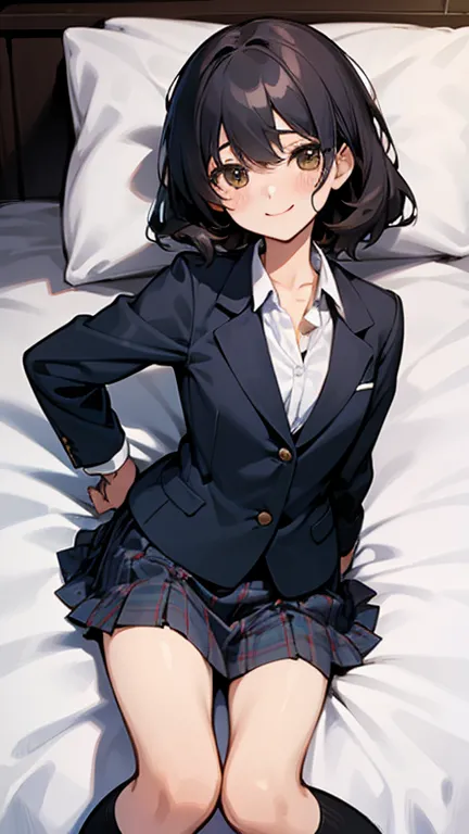 Tiny Little Lori,  sexy, flat chest,  uniform blazer, Obedient,  feminine 、Smile、 white bed、disheveled plaid skirt、((lure、 female ))