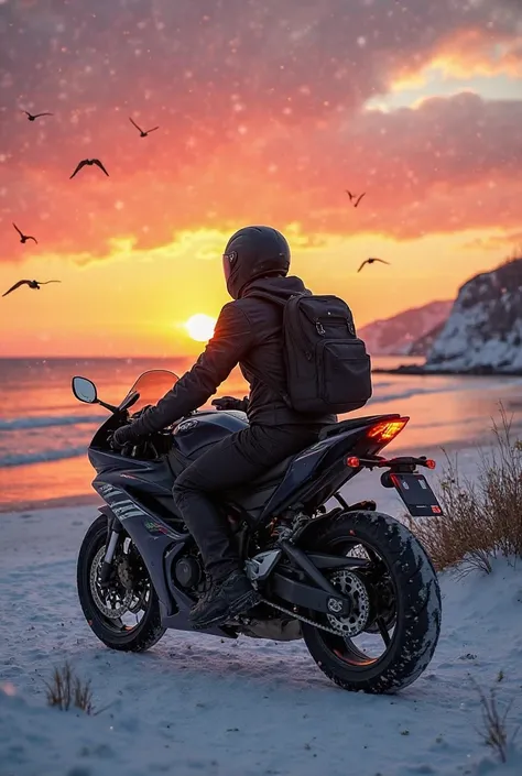 Generate an image of a man wearing black clothes, helmet and backpack on a Yamaha R6 motorcycle arriving in the snowfall towards the sea and add a very beautiful sunset with birds flying 