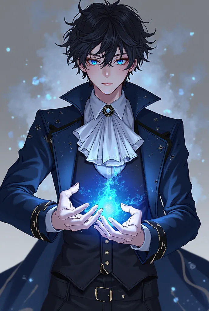 ,
male,
Height: 5'7
Weight: 55kg
Hair color: brunette 
Hairstyle: short curly undercut 


Outfit: a distressed/ripped navy victorian glitter tailcoat with a white puffy chest shirt and black eyeliner and black nail polish.

goth 

his hands form blue glowi...