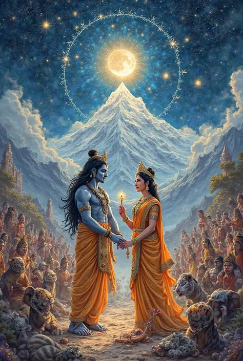 On the auspicious night of Mahashivratri, create a grand celestial wedding scene where Lord Shiva is marrying Goddess Parvati in a magnificent cosmic setting. Lord Shiva is depicted in his iconic form—with matted blue skin, adorned with a crescent moon, se...