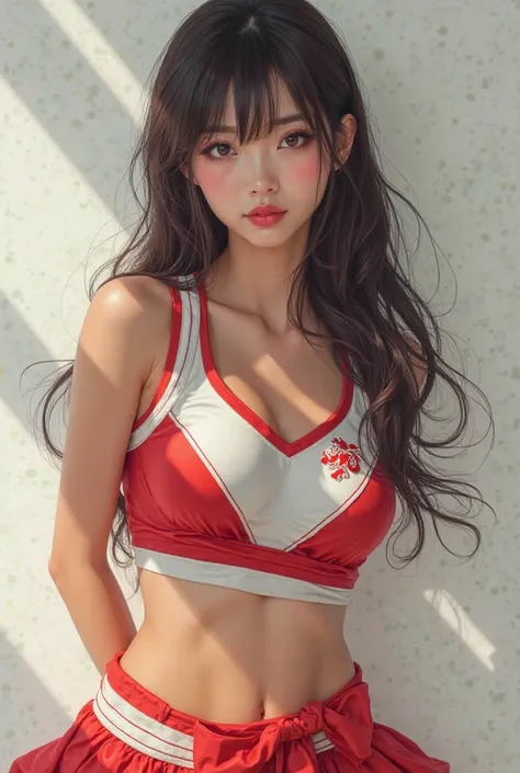 A fair-skinned Japanese high school cheerleader with a long hairstyle、Picture a woman wearing a cheerdance costume and posing in a naughty pose