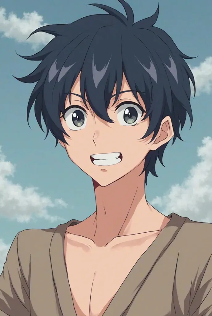 A handsome anime young man with his teeth, a slim body, an open dress, a medium body, short dark blue hair, heavenly eyes with a line in the middle, long eyes, withered eyes, Hajib raised a look of despair, ironic ears, pointed ears. His hair is short cove...