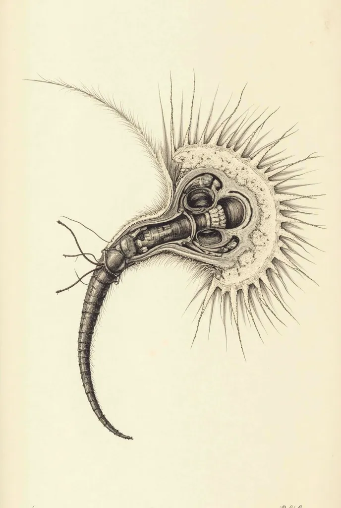 A highly detailed scientific cross-section of the proboscis of the 'Moustique-Lion' (Aedes panthera), shown in side view and illustrated in the style of 19th-century naturalist engravings. The image presents a precise lateral dissection, revealing the inte...