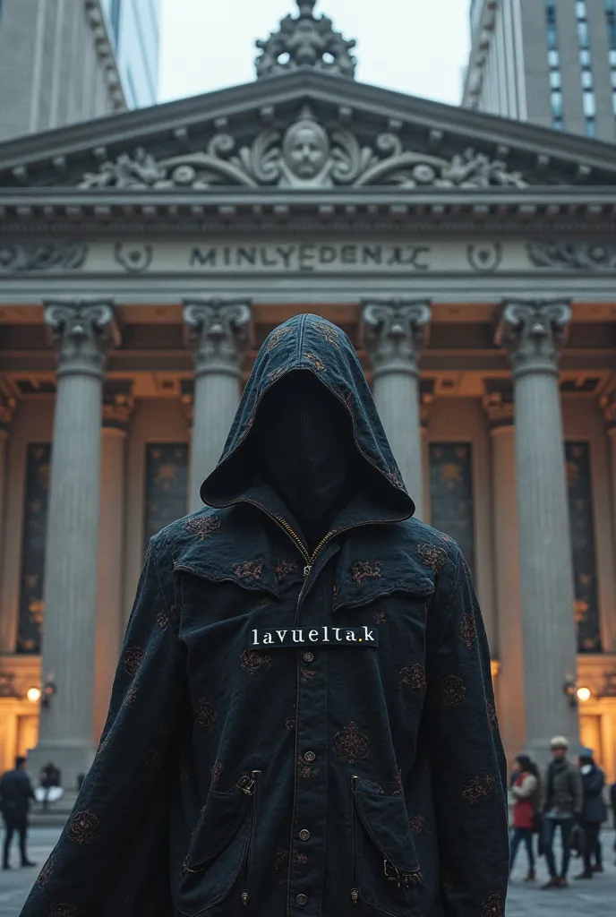 The Bank of America creates a bank and in front of the bank there is a man with a coat that is hooded and the name on the coat says "La_Vuelta.K"