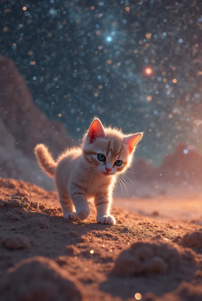 Cat, cub, therefore, Walking around a planet and in the background thousands of stars and galaxies